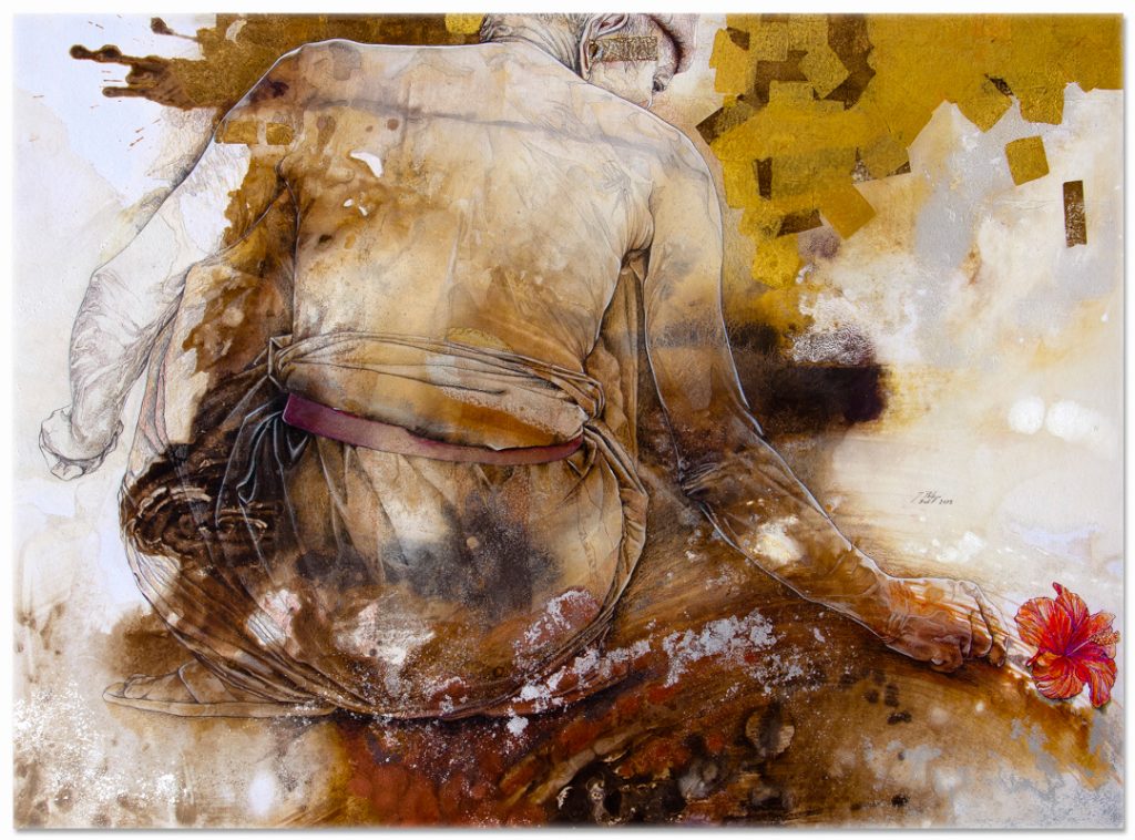'I've-got-dream-to-remember' 2012 - Jean-Philippe Haure. 42 x 30.7 inches. Gouache,
mixed media, silver leaf, on paper laid on canvas. Image J.P Haure