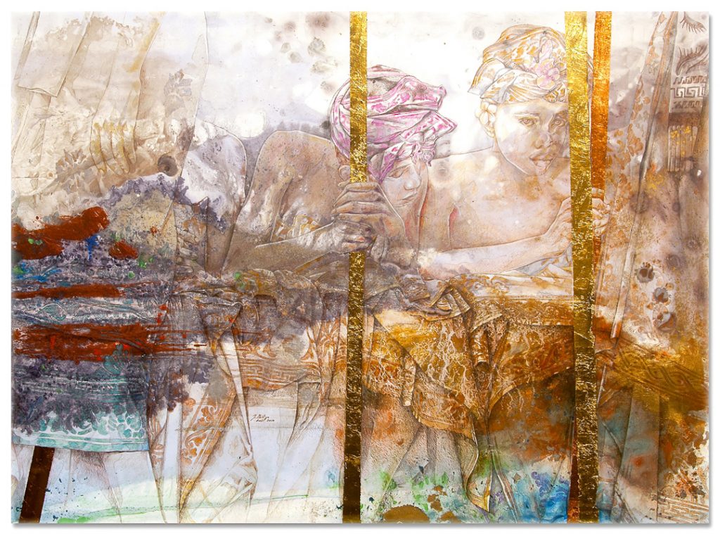 'Waiting-for-the-King' 2018 - Jean-Philippe Haure. 42 x 30.7 inches. Gouache, mixed
media, silver leaf, on paper laid on canvas. Image J.P Haure