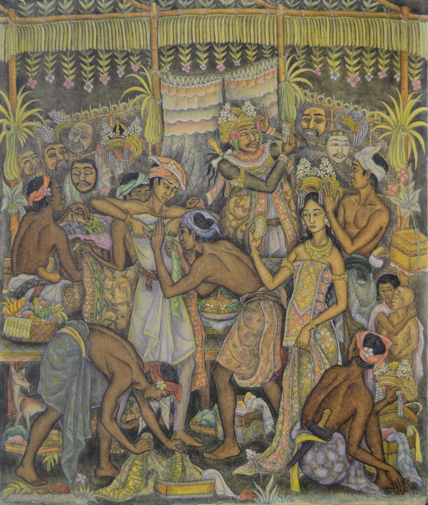 Lot 840 'Tari Parembon Tupeng' - Ida Bagus Made Poleng Acrylic on canvas. Image courtesy of Larasati 2