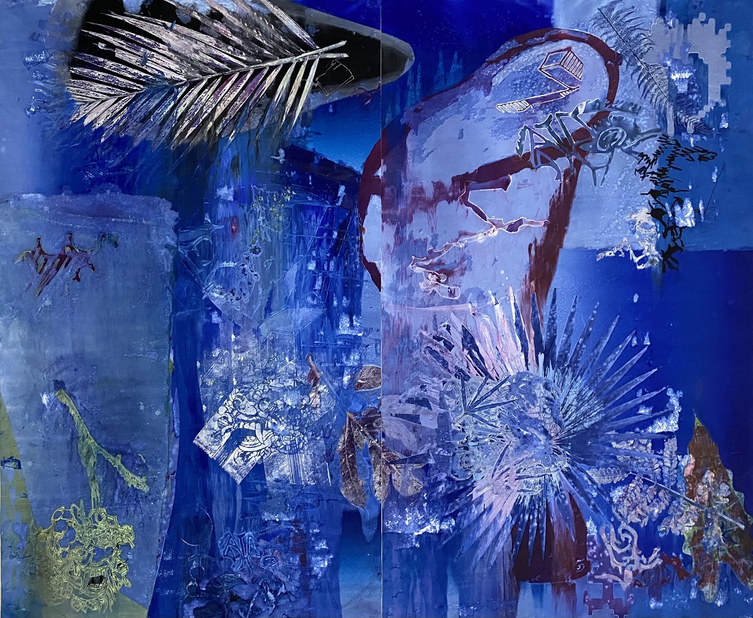 'Return to Bali' 2022 Richard Jacobs. Diptych, monotype, oil and dye on paper, 58 X 76 inches.