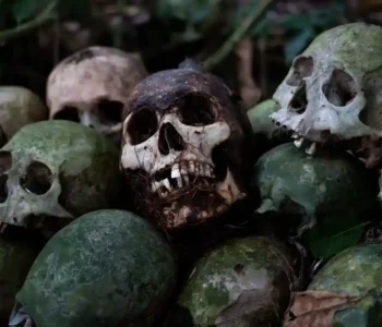 Human skulls stacked up in the Trunyan cemetary