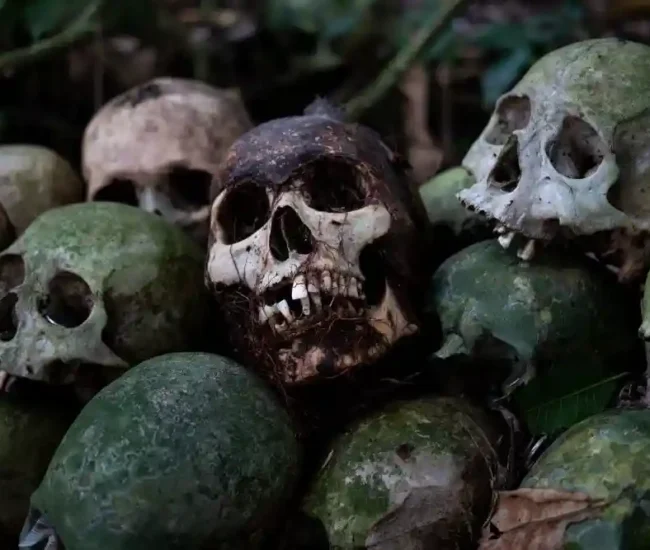 Human skulls stacked up in the Trunyan cemetary