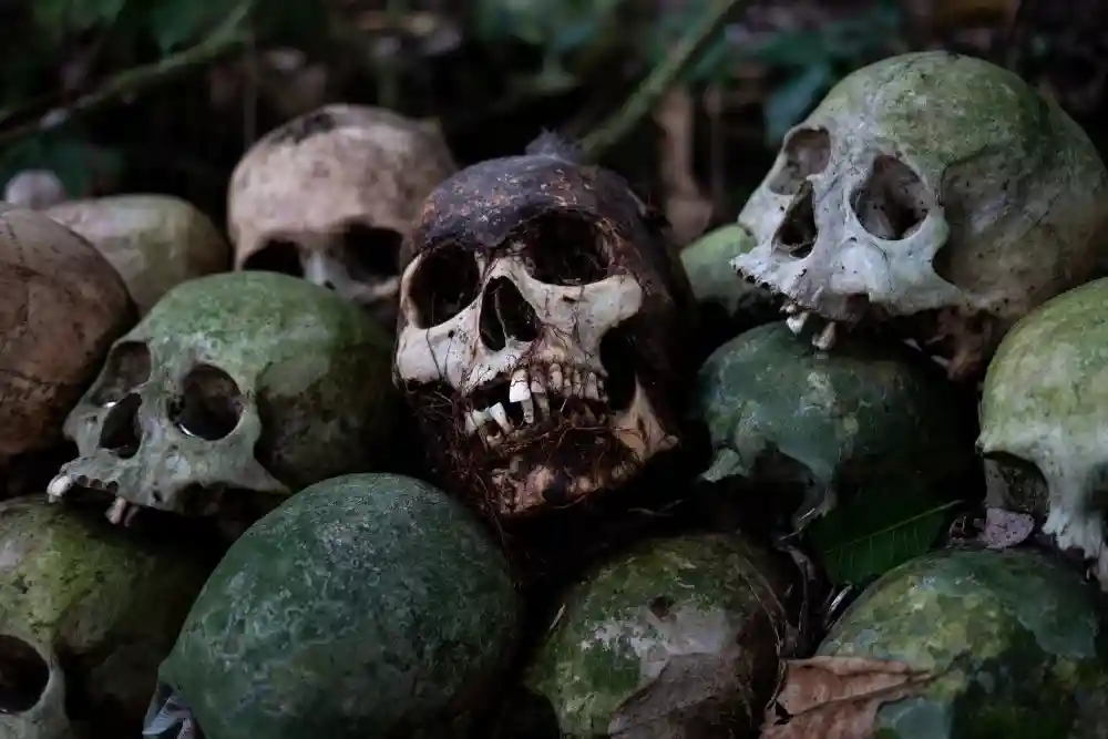 Human skulls stacked up in the Trunyan cemetary