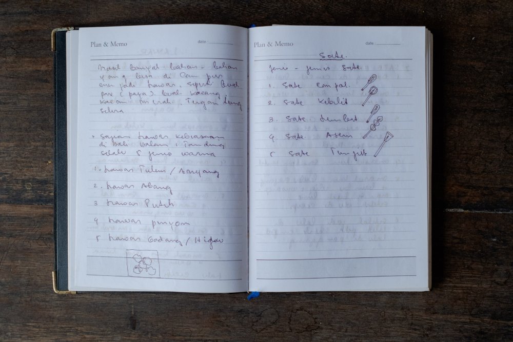 Handwritten drafts by Gusti Nyoman Darta detailing the ethics and protocol of serving the Ubud royal family. This section focuses on the preparation and presentation of satay.