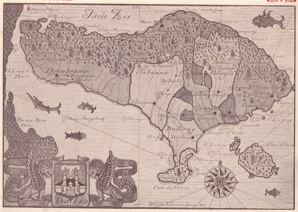 This 1905 map beautifully depicts Bali’s kingdoms and geography, highlighting the mountainous interior with peaks like Mount Agung, a decorative temple gate crest guarded by winged lions, and surrounding seas filled with creatures and fish. (Sake Santema Collection)