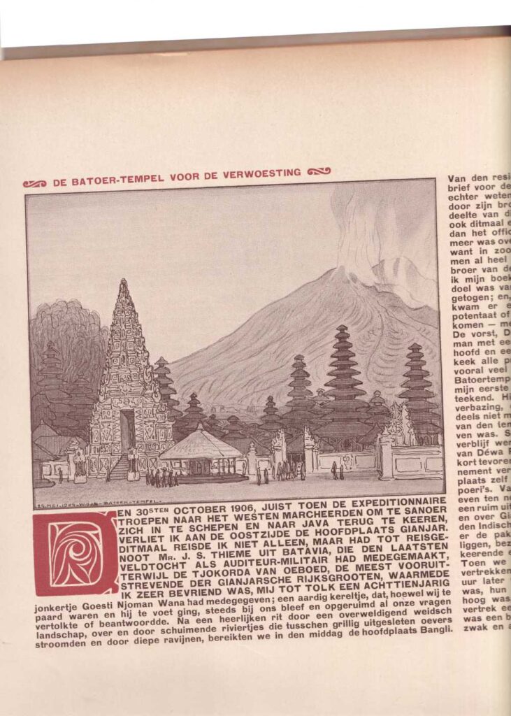 This 1904 work depicts the Batur Temple complex on the shores of Lake Batur in Bali, with smoke rising from Mount Batur’s caldera in the background. The original Pura Ulun Danu Batur shown was almost completely engulfed. The 1926 eruption was Bali’s most catastrophic volcanic event in modern history. Lasting from August 2 to September 21, it killed over 200 people and dramatically reshaped the region. A massive lava flow buried 90% of Batur village but stopped at the base of the central 11-tiered Meru tower dedicated to the lake goddess Dewi Danu, destroying everything else around it. (Sake Santema Collection)