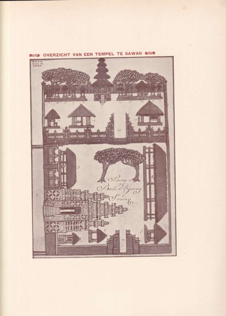 A Hindu temple located in the village of Sawan, North Bali. The image, titled "Overzicht van een Tempel te Sawan" (Overview of a temple in Sawan), provides a detailed architectural layout dated August 10, 1906. The inscription in the center reads "Poera Bali Agoeng Sawan," identifying it as a Great Temple (Pura Agung) of the region. It shows the traditional Balinese temple structure with the various pavilions (Bale), shrines, and numbered gates (1–24), serving as a map for the complex's ceremonial functions. (Sake Santema Collection)