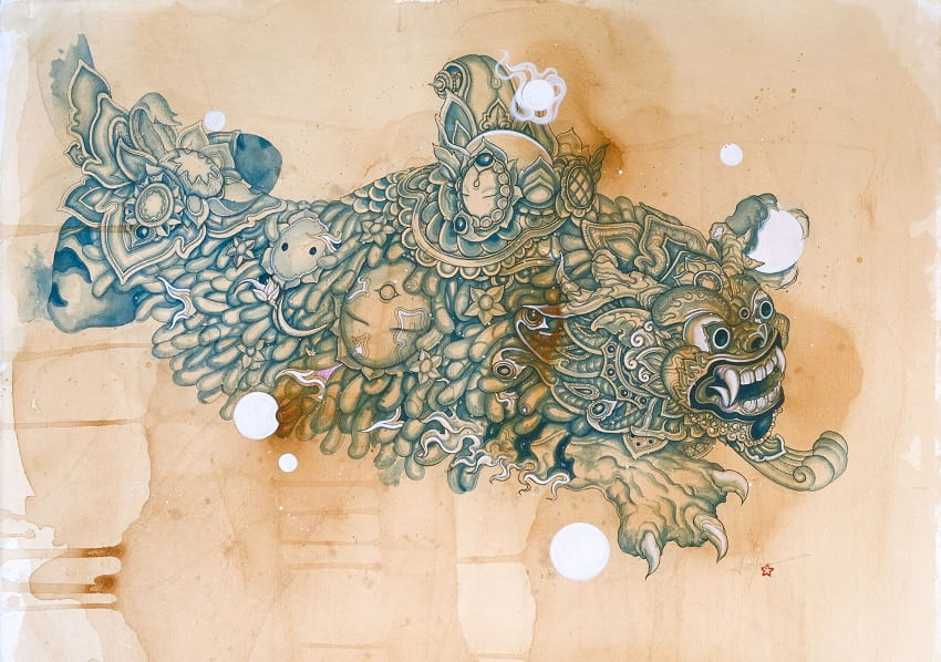 Barong 2026 Gede Austana. Watercolour Tea on Paper. Image Gede Austana.