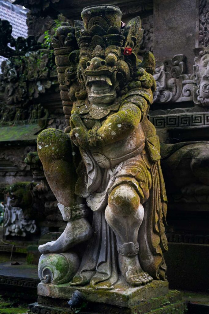 Close-up of a Dwarapala statue at Pura Gunung Lebah, Ubud. Photo by Edward Speirs.